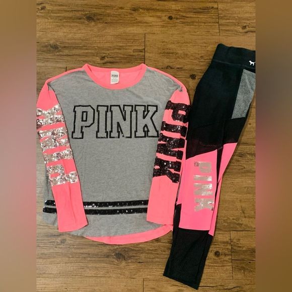 PINK VS COLORBLOCK NEON BLING TSHIRT/ YOGA LEGGINGS OUTFIT LARGE - Picture 2 of 12